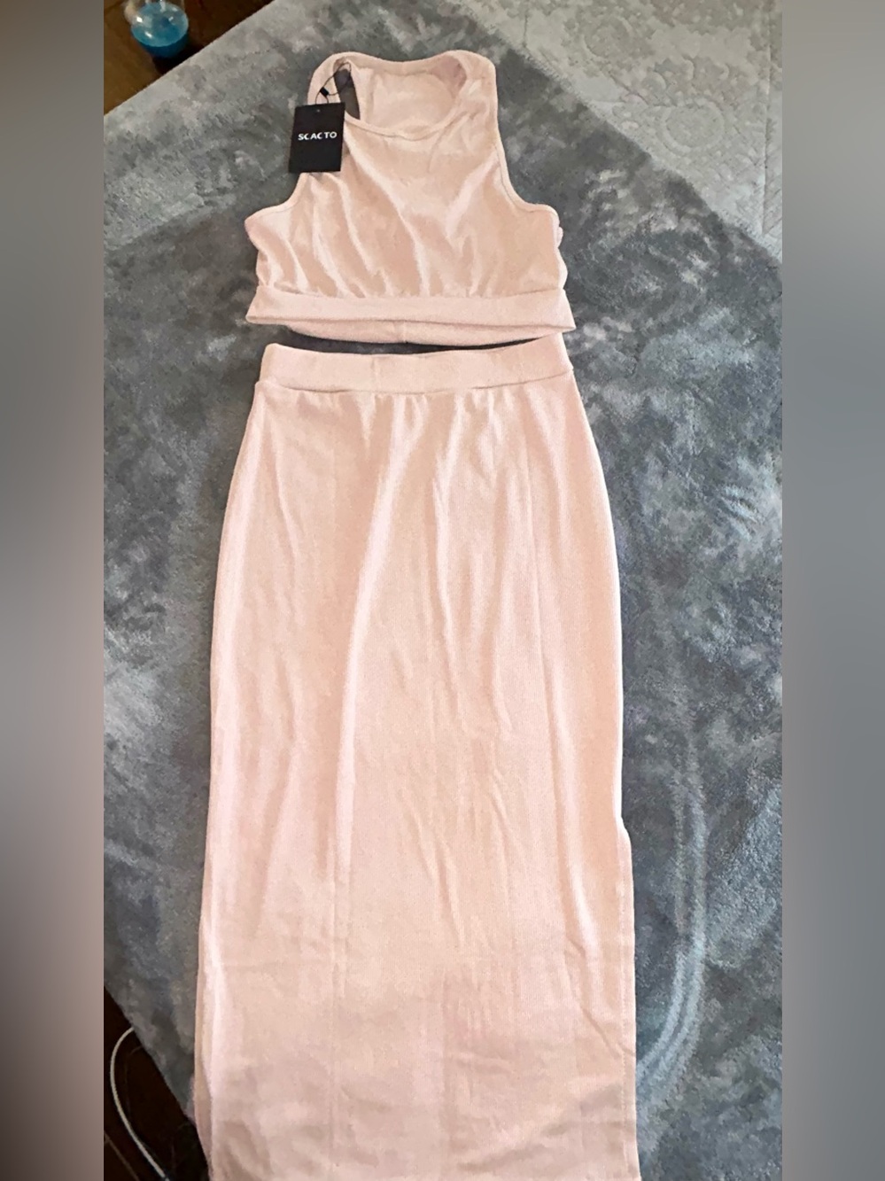 NWT SCACTO Pale Pink Ribbed 2-Piece Set - Crop High Neck Tank & Side Slit Maxi S